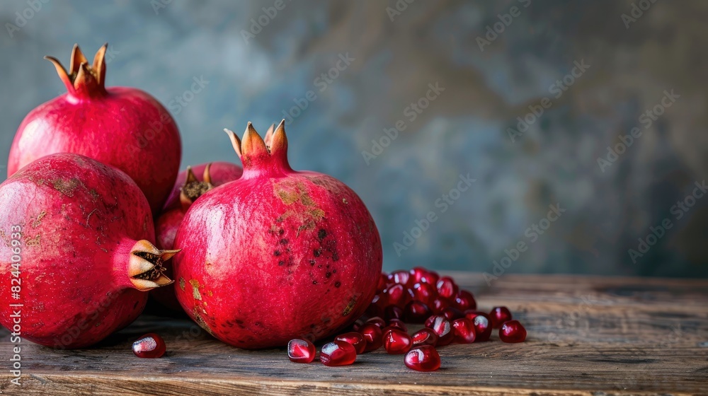 Juicy pomegranates ready to eat displayed on a wooden surface Juicy pomegranates ready to eat displayed on a wooden surface