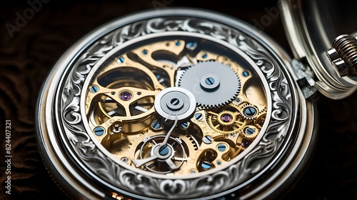 Inside mechanics of a silver antique pocket watch