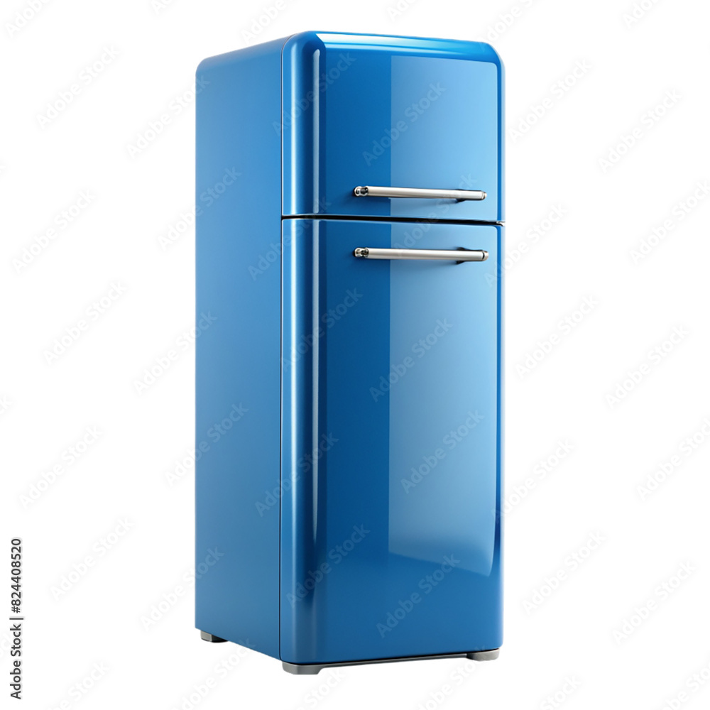 A blue refrigerator with a water dispenser on transparent background A blue refrigerator with a water dispenser on transparent background
