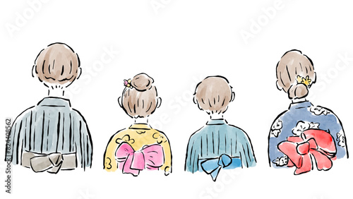 Rear view of family in yukata, summer festival, simple watercolor hand-drawn illustration / 浴衣の家族の後姿、夏祭り、シンプルな水彩の手描きイラスト