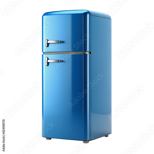 A blue refrigerator with a water dispenser on transparent background