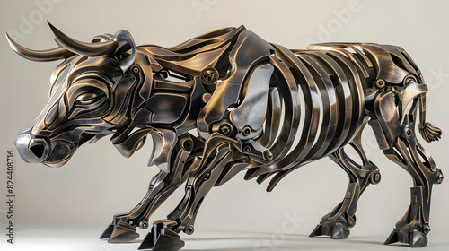 A skeletonized bull sculpture made of metal