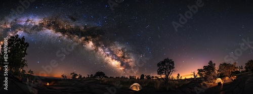 A stunning panoramic view of a camping site under a starry sky with the Milky Way spreading across the horizon.