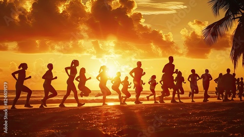 A sunrise or sunset scene of a multi-ethnic group participating in a fitness boot camp at a beach or park