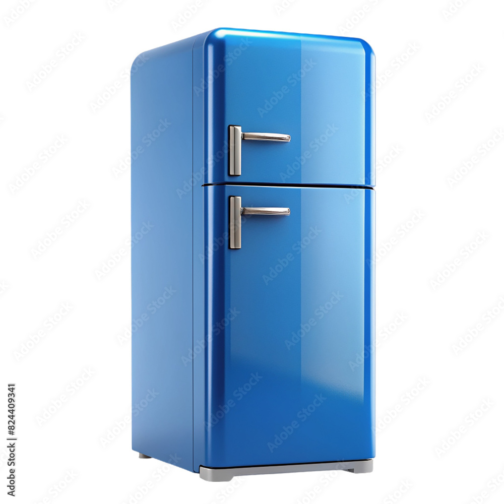 A blue refrigerator with a water dispenser on transparent background A blue refrigerator with a water dispenser on transparent background
