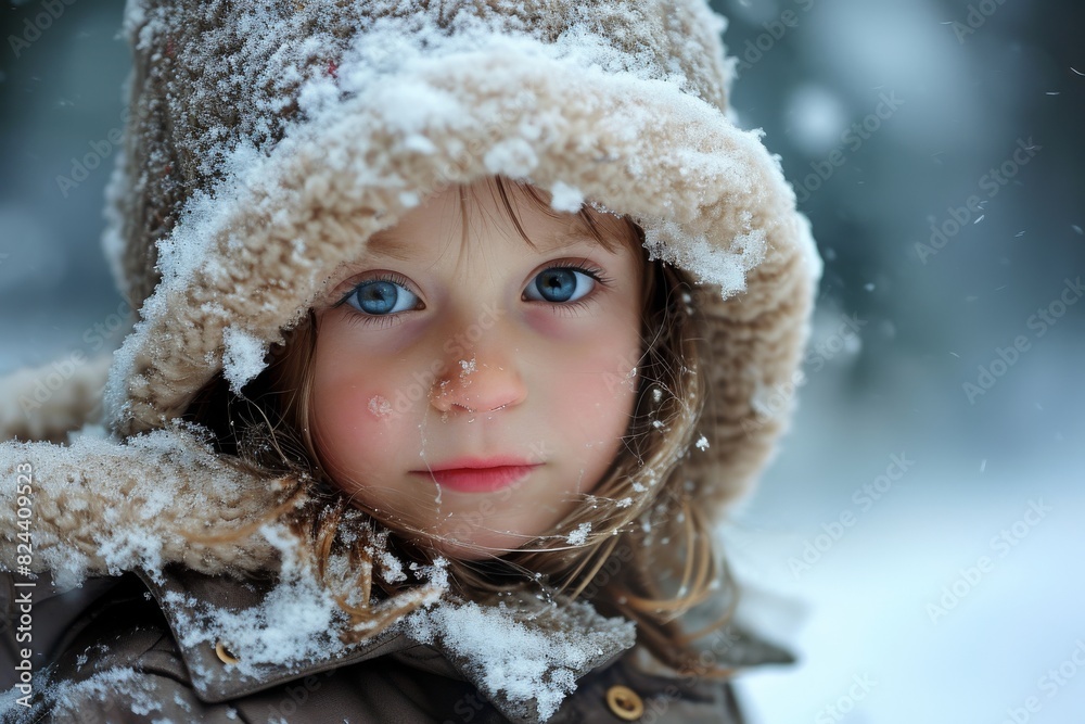 cute little girl face in the snow, Portrait of a small girl in snow, AI-generated cute little girl face in the snow, Portrait of a small girl in snow, AI-generated