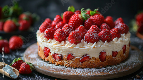 Fragrant Soft cake decorated with strawberries