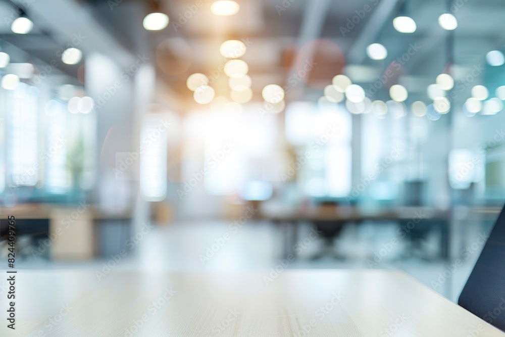 Blurred empty open space office. Abstract light bokeh at office interior background for design - generative ai Blurred empty open space office. Abstract light bokeh at office interior background for design - generative ai