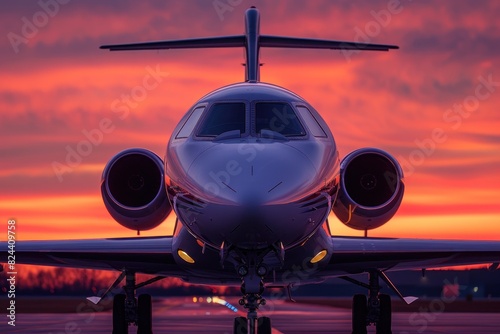 A close-up shot of an airplanes nose as it prepares for takeoff, its sleek fuselage glinting in the golden light of sunset. The aircraft is positioned on the runway, with its engines ready to roar photo
