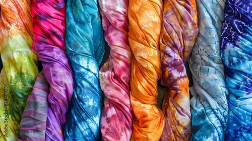 A bunch of colorful tie dye scarves are displayed