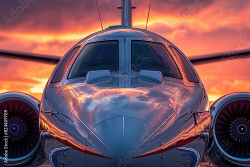 The front section of an airplane, with its cockpit windows reflecting the deep colors of a setting sun, captured in a close-up shot. The image showcases the smooth lines and aerodynamic design of the photo