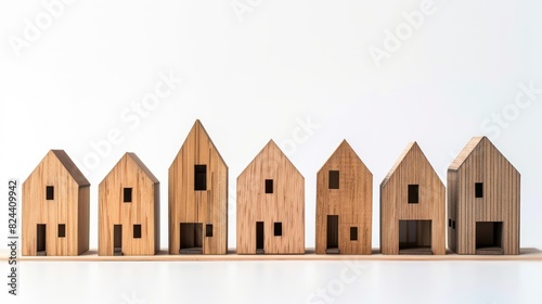 Capture a family of modern small house models arranged in a row on a white background, representing a sustainable and compact living concept. 