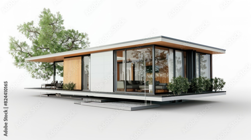 Show a 3D-rendered perspective of a modern small house model on a white background, allowing viewers to envision the space from different angles. 