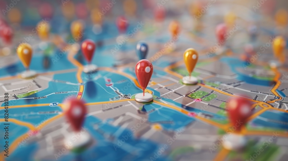 Business Location: A 3D vector illustration of a map with colorful pins Business Location: A 3D vector illustration of a map with colorful pins