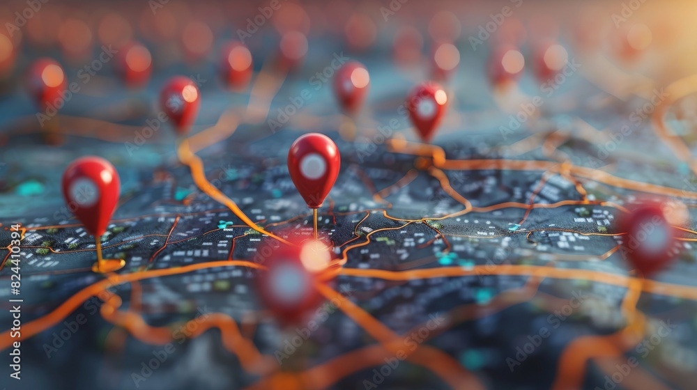 Business Location: A 3D vector illustration of a map with pins marking the locations of various businesses Business Location: A 3D vector illustration of a map with pins marking the locations of various businesses