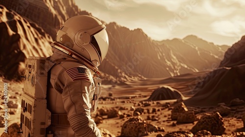 An astronaut wearing a space suit is standing in a desert that resembles the Martian landscape, with rocky terrain and mountains in the background.