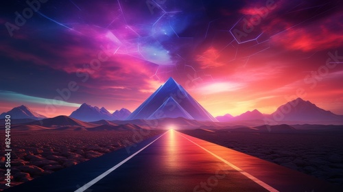 Futuristic Synthwave Desert Highway Scene with Neon Outlines and Geometric Shapes. photo
