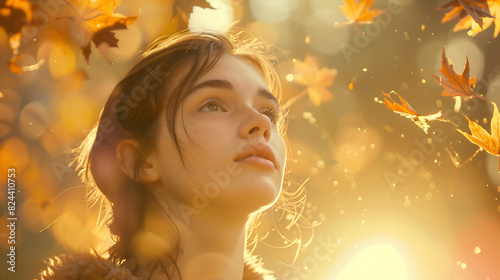 Young Woman Gazing Upward Among Falling Autumn Leaves  Sunlit Filtering Through Autumn Colors Background