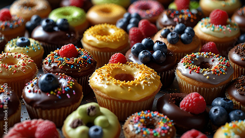 Cupcakes and Doughnuts Journey into a vibrant world where rows of colorful cupcakes, muffin cakes, and doughnuts are topped with luscious chocolate icing, rich frosting © Kraiwit