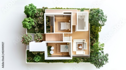 Show a top-down view of a modern small house model on a white background, providing a clear perspective of its layout and design.