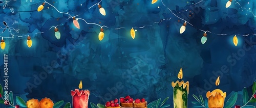 Hanukkah Watercolor Doodle Background with Candles Garlands and Traditional Foods photo