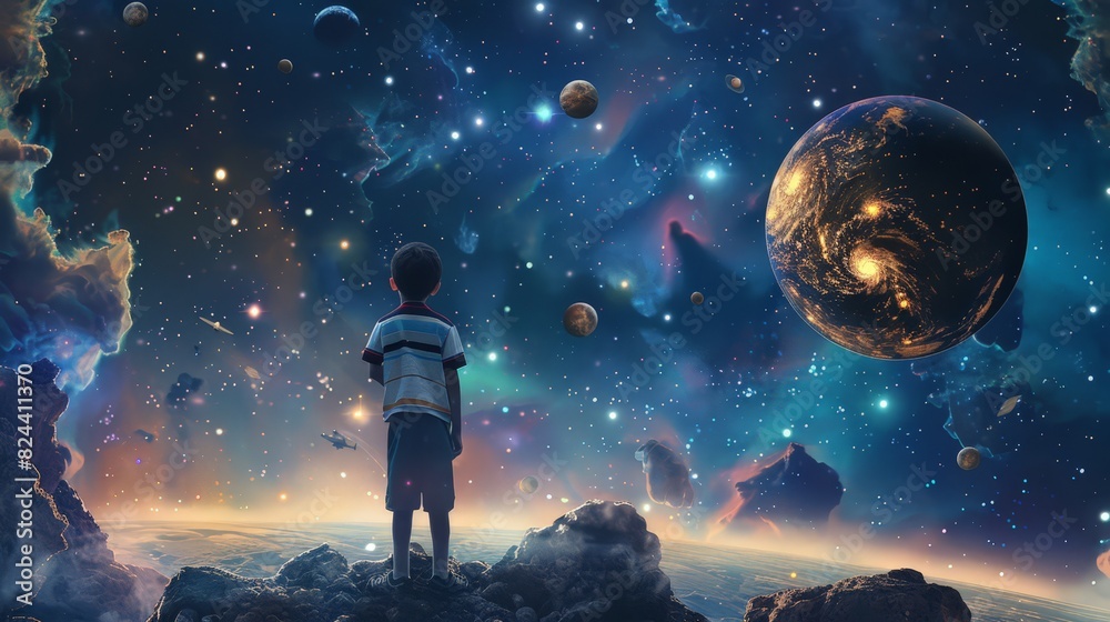 Surrounded by the vast expanse of the cosmos, the school boy's imagination knows no bounds, his thirst for knowledge and curiosity fueling his journey through Surrounded by the vast expanse of the cosmos, the school boy's imagination knows no bounds, his thirst for knowledge and curiosity fueling his journey through