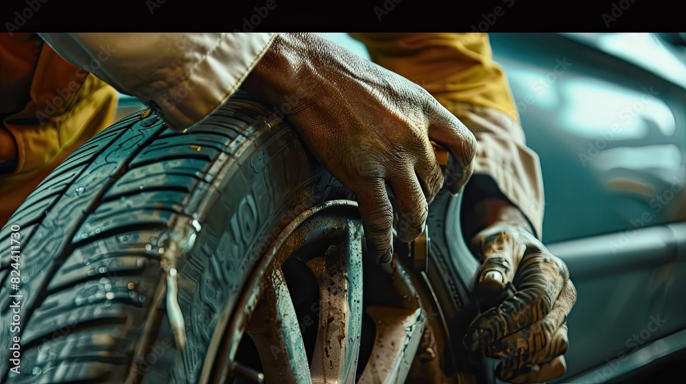 Close up of a mechanic's hands expertly working on a car tire