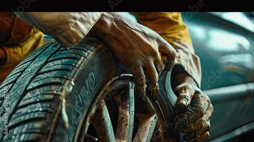 Close up of a mechanic's hands expertly working on a car tire © Sattawat