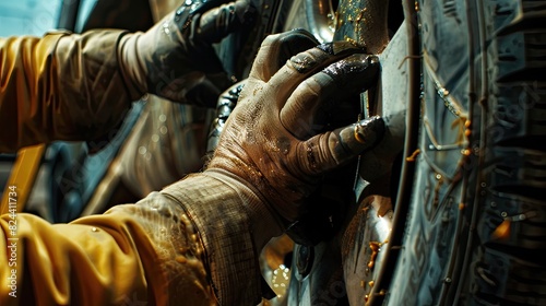 Close up of a mechanic's hands expertly working on a car tire