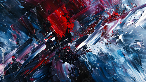 A painting with splatters of red, blue, and white