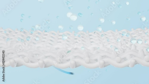 sheet material mattress with ventilate shows, bubbles, arrows isolated on blue background. bubble remove stain. fabric fiber, soft, breathable material concept. 3d render illustration, alpha channel