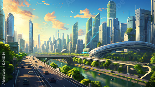 A beautiful painting of a futuristic city with a river running through it