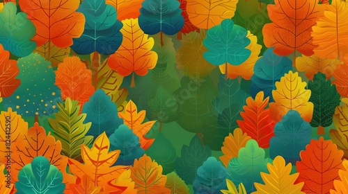 An autumn nature background showing a misty morning in a forest with colorful fall leaves, with space for text