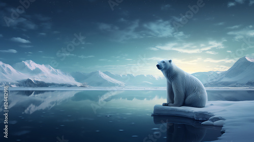 A majestic polar bear sits on an ice floe in the Arctic, surrounded by snow-capped mountains and a vast expanse of frozen water © arhendrix