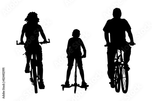 Family of cyclists silhouette. Happy family riding bicycle together. Little boy riding bicycle with parents.Mother and father with kid outdoor enjoying in bike driving.Biker family.Vector illustration