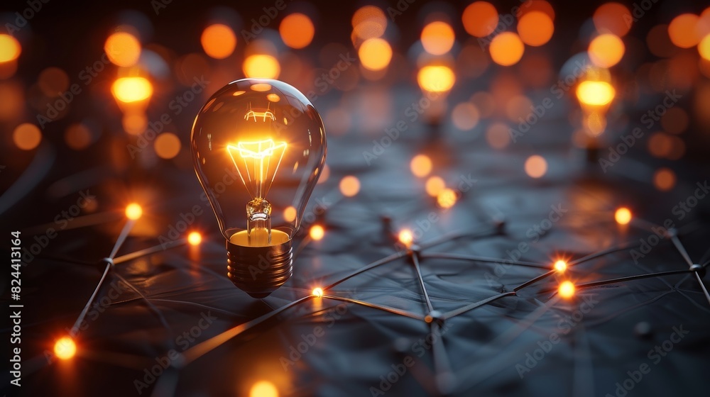 Idea and Innovation: A 3D vector illustration of a lightbulb connected to a network of other lightbulbs