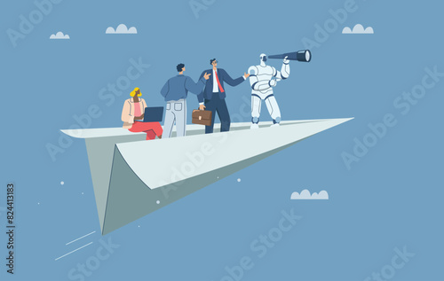 Finding new goals for company growth, New vision concept, Collaboration of personnel with artificial intelligence or AI, Robot uses binoculars with a business team on a paper plane. Vector design.