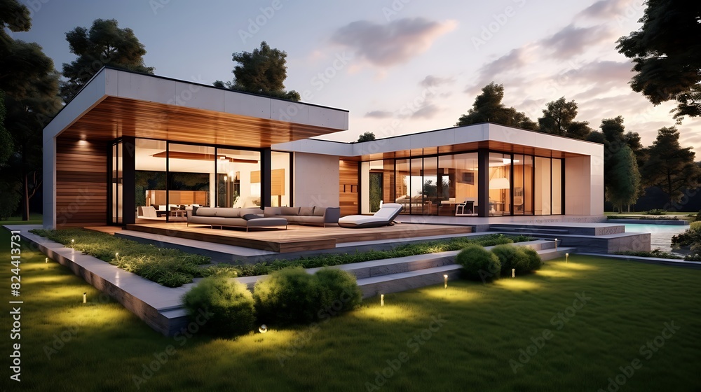 Modern house exterior day light with lawn grass