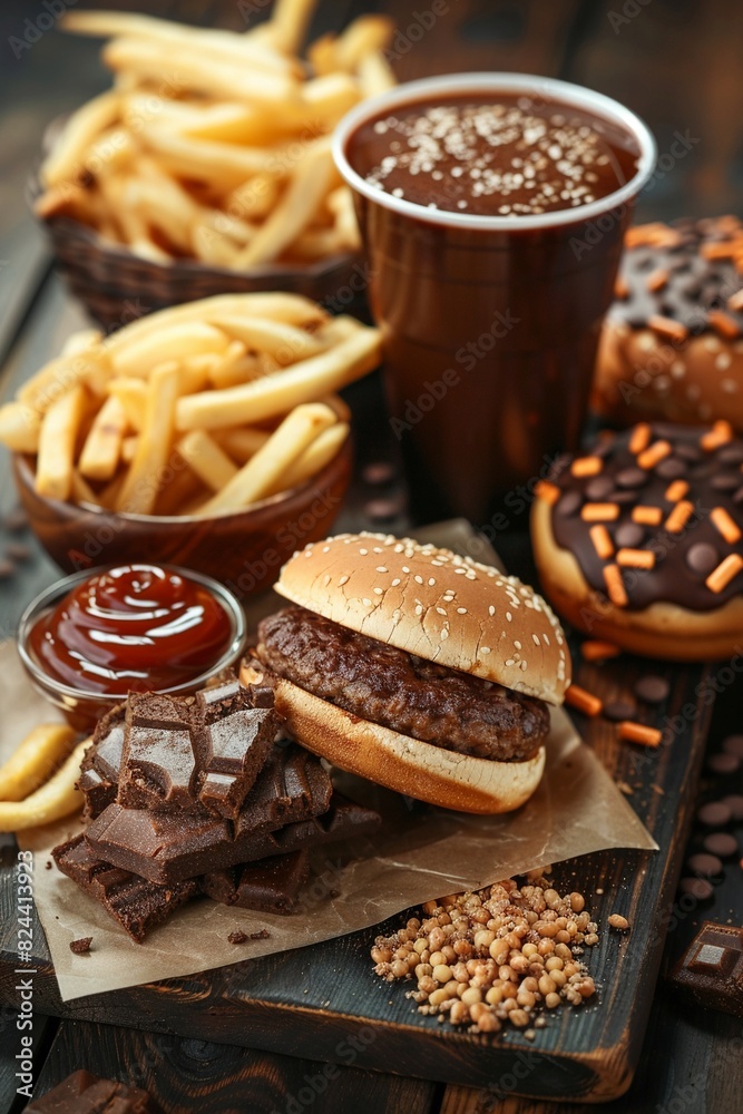 A table full of unhealthy food including burgers, fries, soda, and chocolate.