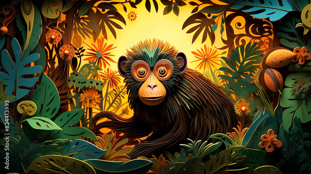 Fototapeta premium A vibrant and colorful digital collage of a monkey in a lush jungle setting. The monkey is the focal point of the image. The background is filled with lush vegetation.
