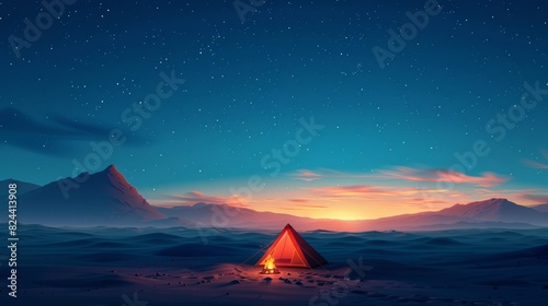 Travel and Exploration  A 3D vector illustration of a traveler camping under the stars in a desert