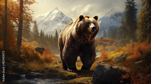 Generate a cinematic, epic, and detailed matte painting of a large and powerful grizzly bear standing in a beautiful and lush forest photo