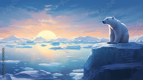 A polar bear stands on a cliff of ice  looking out over the frozen sea