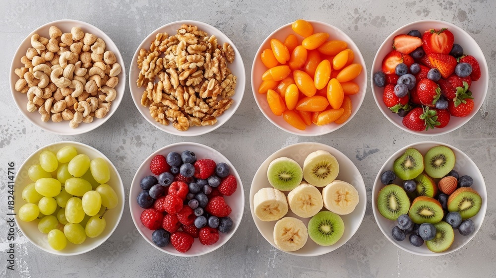 Fresh and Colorful Array of Healthy Snacks and Juices on a Table Top View Fresh and Colorful Array of Healthy Snacks and Juices on a Table Top View