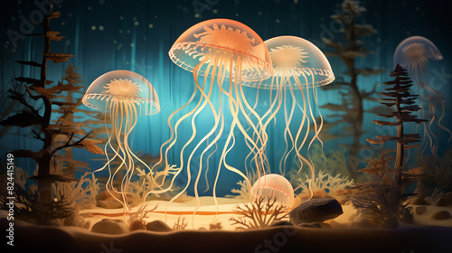 A beautiful and serene underwater scene featuring a group of jellyfish
