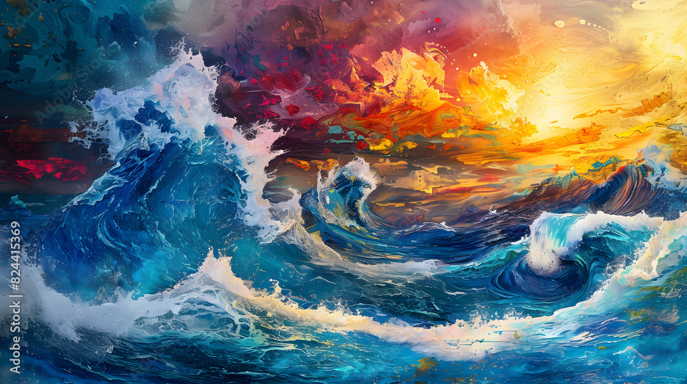 A painting of a wave with a sunset in the background