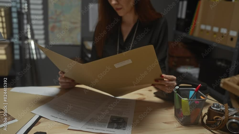 A focused redhead woman analyzes investigative materials at her workplace, embodying an elegant detective in an office setting.