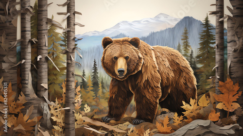 A large, realistic grizzly bear stands in a lush forest setting photo