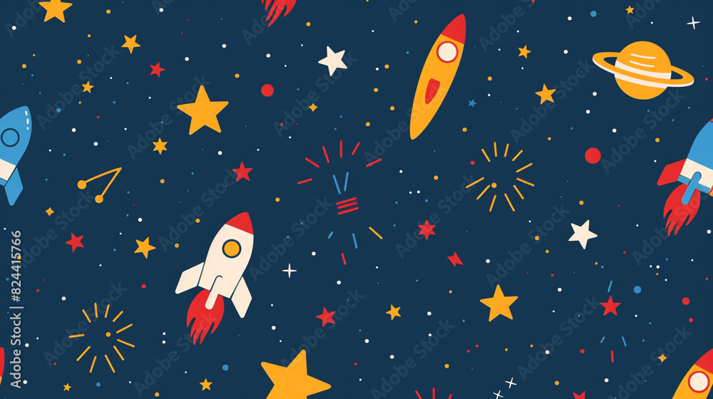 Colorful Rockets and Stars in Outer Space Cartoon Wallpaper