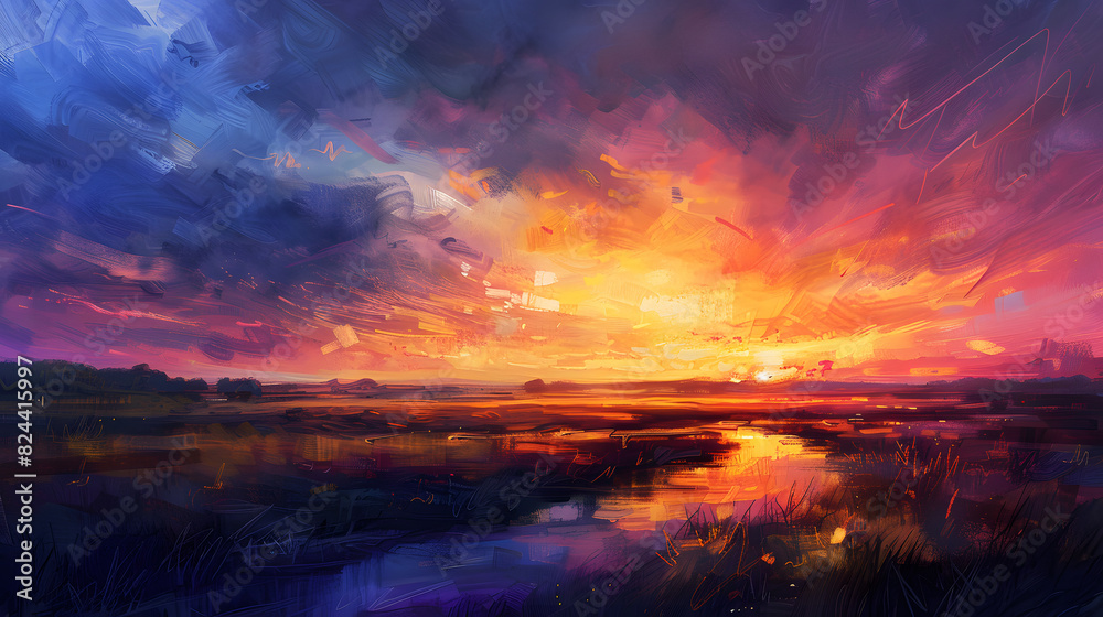 A painting of a sunset with a river in the foreground
